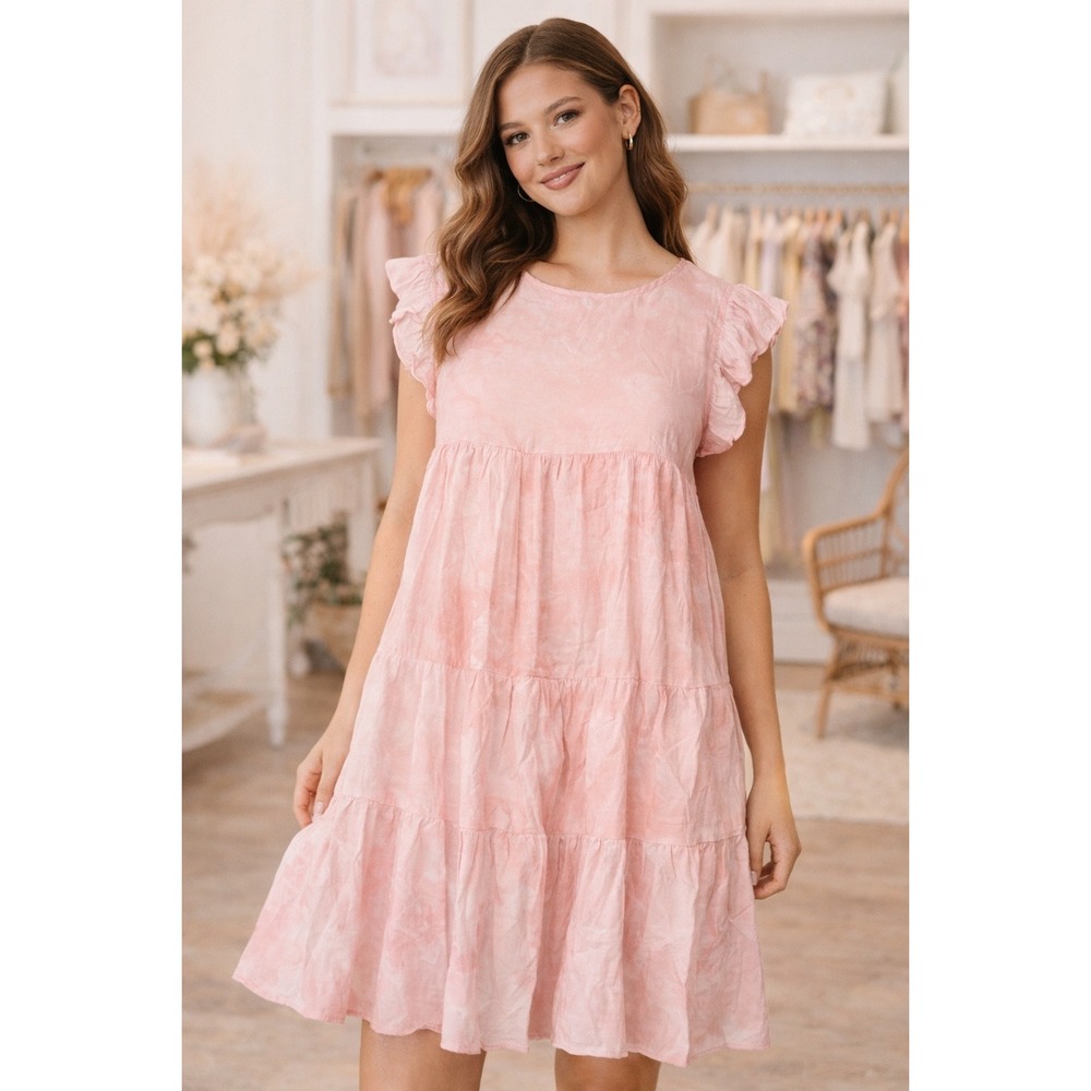 WB10 The Impeccable Pig Pink Tie Dye Tiered‎ Ruffle Sleeve Midi Dress Women's  M